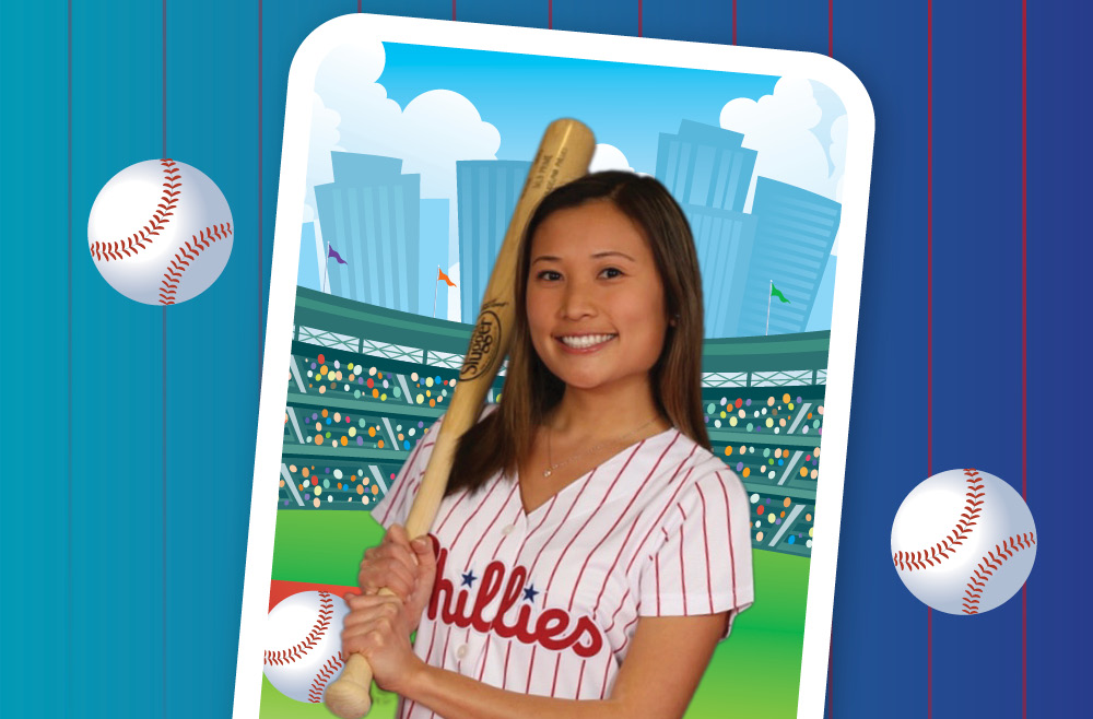 Cailyn Chow, PA-C, surgical physician assistant at PPMC, and ball girl for the Phillies in a mock baseball card design